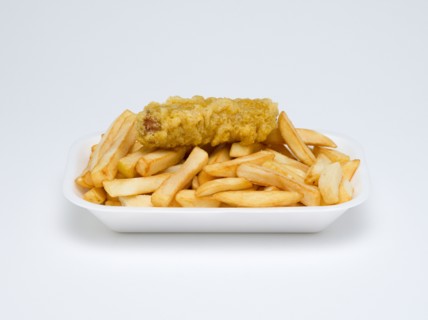 Food, Cooked, Meat, A single battered pork sausage with potato chips