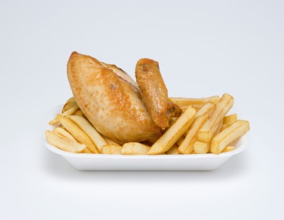 Food, Cooked, Poultry, Fried chicken quarter and potato chips