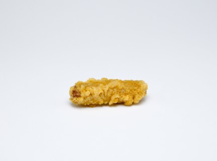 Food, Cooked, Meat, Single fried battered pork sausage on a white background.
