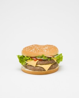 Food, Cooked, Meat, Double cheesburger with salad in a bun on a white background.