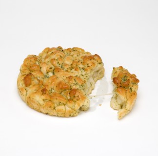 Food, Cooked, Bread, Torn loaf of cheese and herb tear and share bread on a white background.