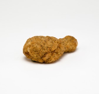 Food, Cooked, Poultry, Single breaded chicken drumstick on a white background.