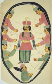 Archers tirant leurs flèches sur une figure héroïque indienne