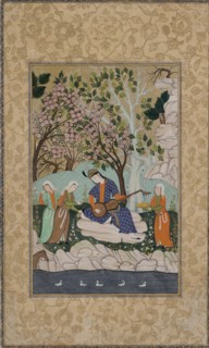 Prince jouant du luth à long manche au bord de la rivière