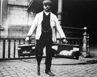 Dog market - Dog Seller with Wooden Leg and Eye Patch, photo by Andrew Pitcairn-Knowles. Brussels, c.1900