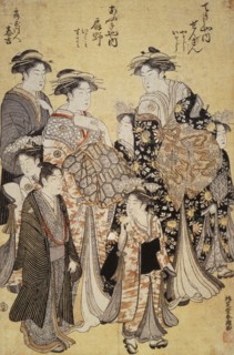 Shuncho, La courtisane Senzan de Choji-ya avec les gardiens Yasoji and Isoji, et la courtisane Ogino de Ogi-ya avec les gardiens Isami and Susami
