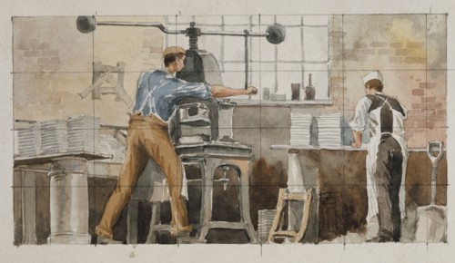 Rowe, Mise au carreau : partie d'une frise en céramique représentant les ateliers Doultons Lambeth Pottery