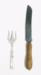 Bread knife and fork, by Wingfield Rowbothan & Co. Sheffield, England, 1885-96.