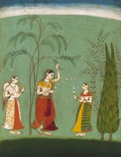 A Princess, her maid and a fly-whisk bearer amongst flowering trees. Bundi, Rajasthan, India, late 17th century