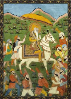 Maharaja Ranji Singh riding a white horse. India, 19th century
