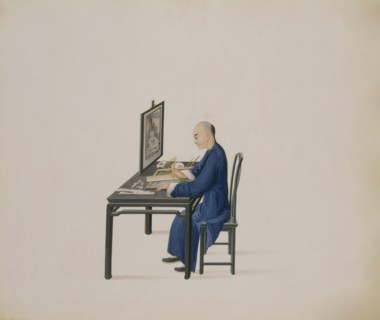 Artisan copying a painting onto the reverse of a sheet of glass. China, c.1790