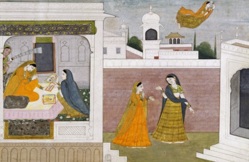 Usha looking at portraits. Kangra, India, early 19th century