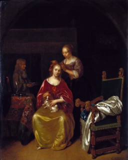 A Lady at her toilet, by Caspar Netscher. Dresden, Germany, mid-17th century