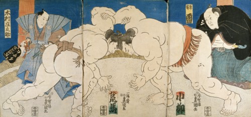 Triptych of Two Sumo Wrestlers and Umpire, by Utagawa Kunisada. Japan, 19th century