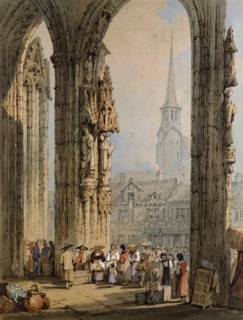 Scene from a church porch, by Samuel Prout. England, 19th century