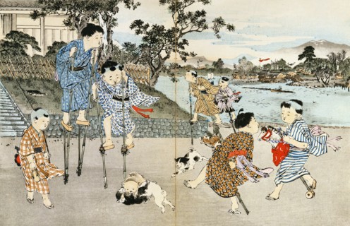 Boys on stilts and hobby-horses. Tokyo, Japan, 20th century