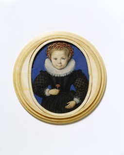 Girl aged five, holding a carnation, by Isaac Oliver. England, 16th century