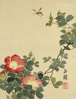 Wasp, Red Flower and Foliage, by Seiho. Japan, 19th century