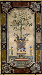 Vase with flowers and fruit, marble inlaid panel. Florence, Italy, 1675