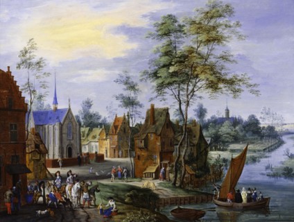 A Flemish Village with a River View, by Peteer Gysels. Antwerp, Belgium, 17th century