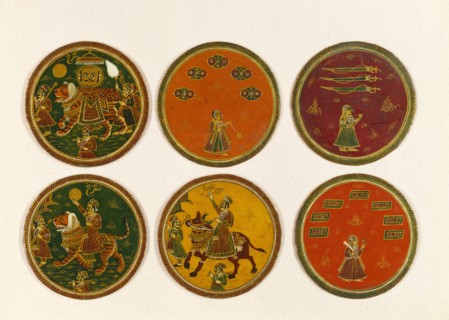Six Ganjifa playing cards. Kashmir, India, late 19th century