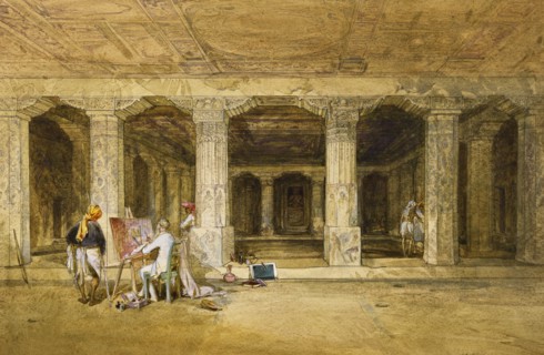 Robert Gill, copying the Ajanta frescoes, by William Simpson. India, 19th century