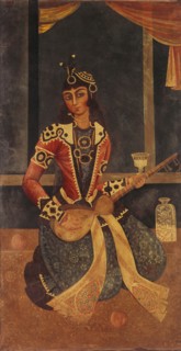 Lady seated playing the guitar. Iran, Qajar dynasty, early 19th century