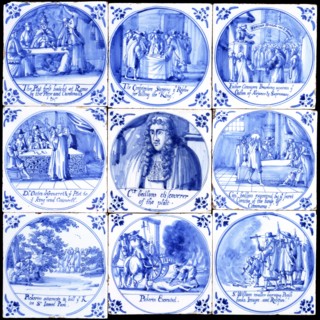 Nine tiles depicting the Popish Plot. London, England, late 17th century