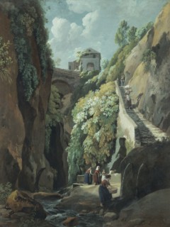 View in the Island of Capri, with Women washing Clothes, by Ramsey Richard Reinagle. England, late 18th century