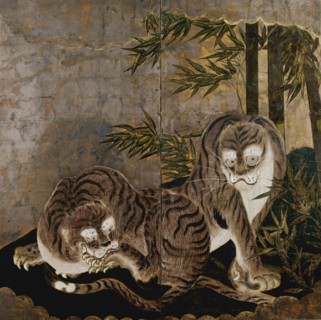 Two-leafed painted screen. Japan, 17th century