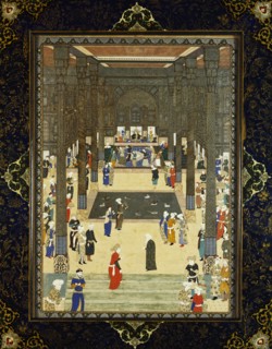 Miniature painting of a court scene, by Haj Al Mulk. Iran, 20th century