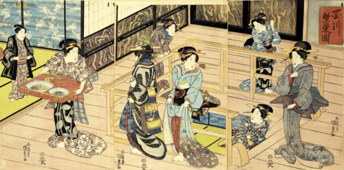 Interior view of a restaurant, by Utagawa Kunisada. Woodblock Print. Japan, c.1820