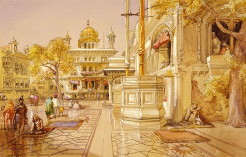 Akal Boonga at the Golden Temple at Amritsar, by William Simpson. Punjab, India, 19th century