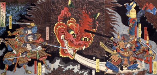 Minimoto Yorimitsu slaying the Giant Shutendoji, by Utagawa Yoshitsuya. Woodblock Print. Japan, 1858