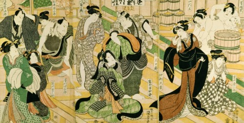 A representation of actors in a scene in a public bath, by Utagawa Kunisada. Japan, 19th century