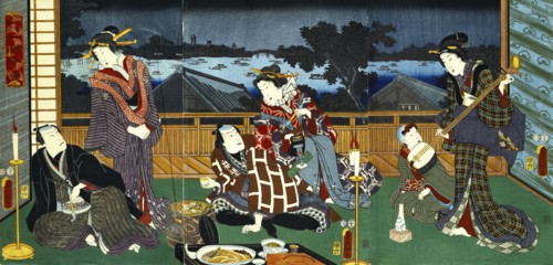 A wonderful evening view of Ryogoku, by Utagawa Kunisada. Japan, 19th century