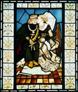 Stained glass panel depicting a scene from King Rene's honeymoon